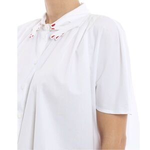VIVETTA Karine White Embroidered Collar Ruffled Button Up Cotton Shirt Blouse